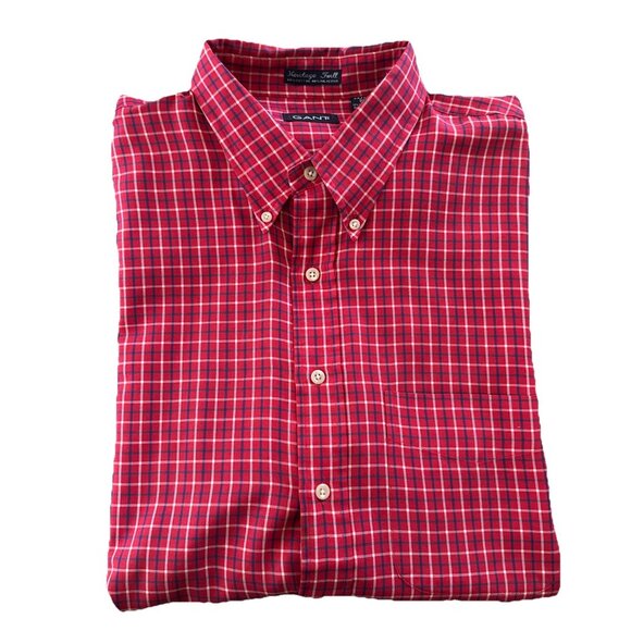 GANT Heritage Twill Men's 2XL Red Hunt Plaid Check Oxford Button Up Short Sleeve - Picture 1 of 10